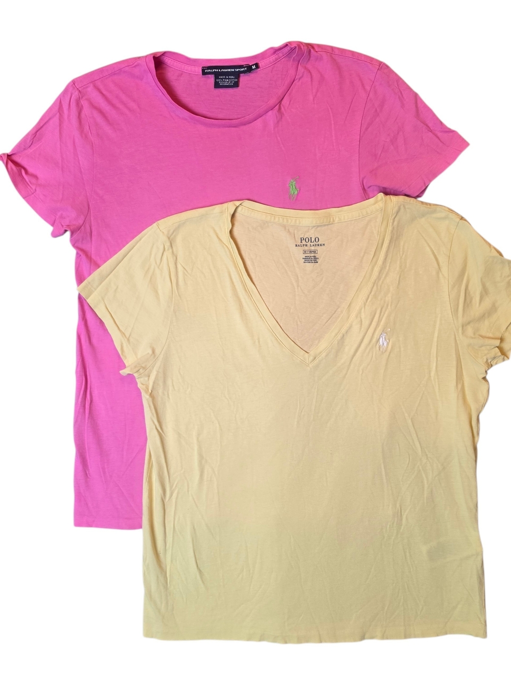 Polo Ralph Lauren Women’s Medium Pink Crewneck Tee Pale Yellow V-Neck Preppy
